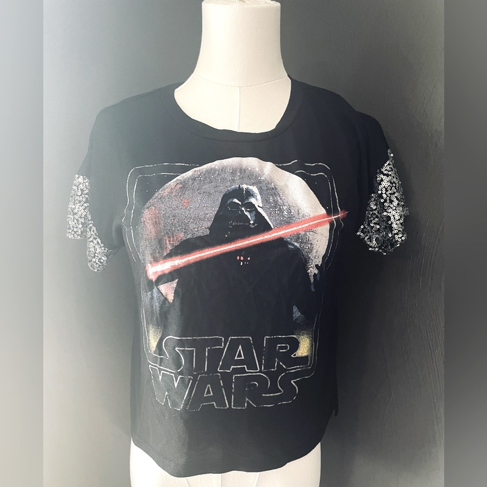 XS Star Wars Tee – Black with Silver Sequin Sleeves